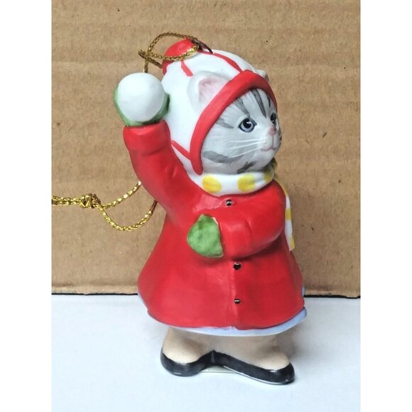RARE Kitty Cucumber 1989 Cat Red Christmas Ornament Snowball Fight B. Shackman - Picture 2 of 5